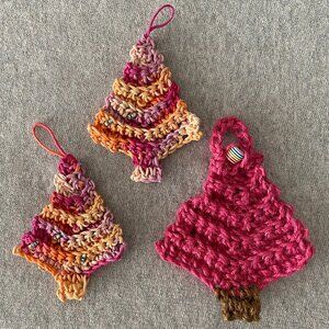 Handmade Crochet Pink Orange Holiday Christmas Tree Hang Decorations Set of 3